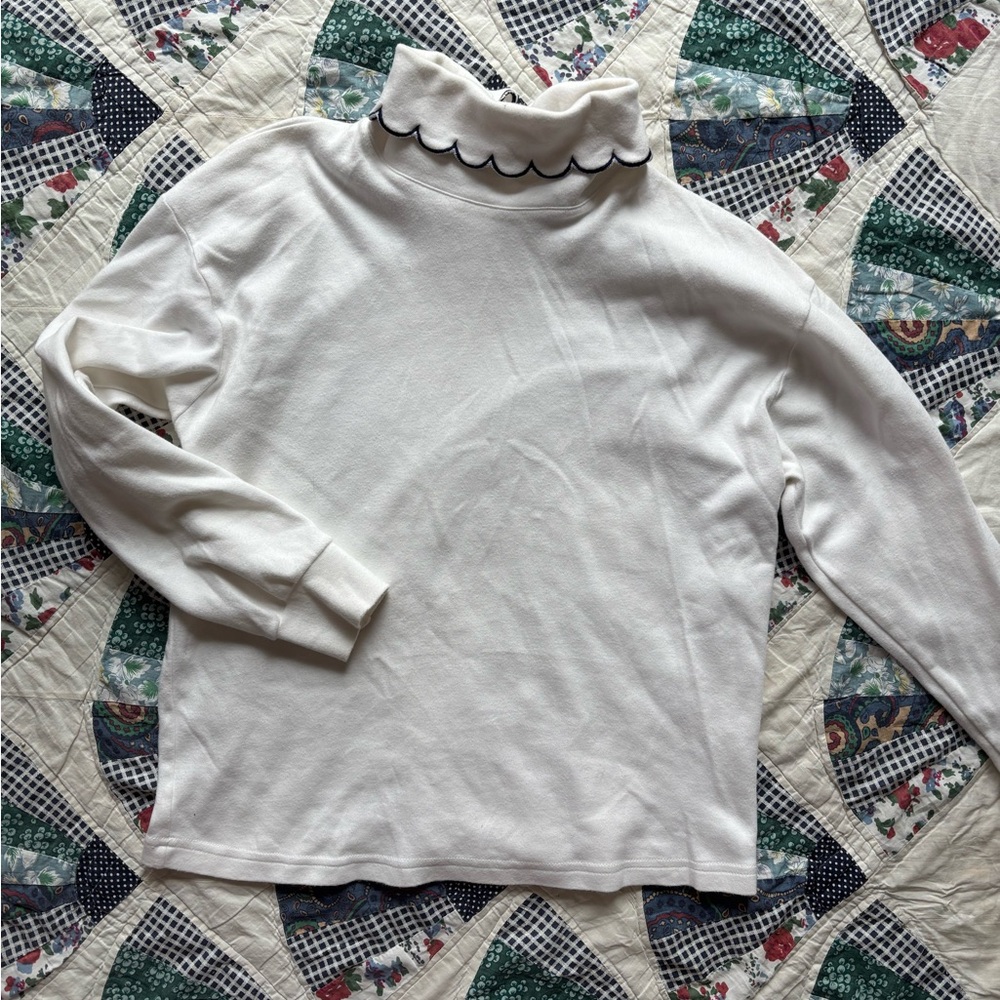Vintage White Scalloped Turtleneck Top - Belle Pointe